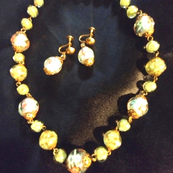 MURANO VENETIAN  SET GLASS NECKLACE & EARRING - Picture 1 of 10